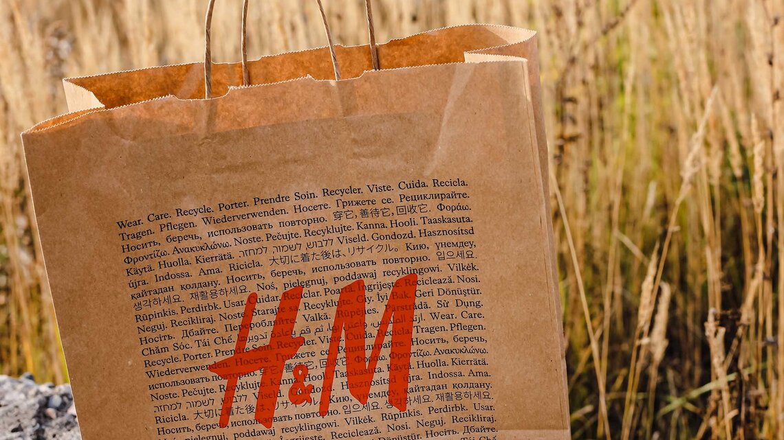 Eine Papiertüte von H&M mit dem roten H&M-Logo steht auf einem sommerlichen Feld. | © Adobe Stock/Татьяна