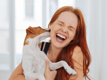Lachende junge Frau wird von einem Hund geleckt | © Getty Images/stockfour