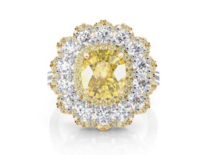 Ein Verlobungsring mit einer großen Ansammlung an weißen und gelben Diamanten in Blumenform. | © Diamonds Factory DE 