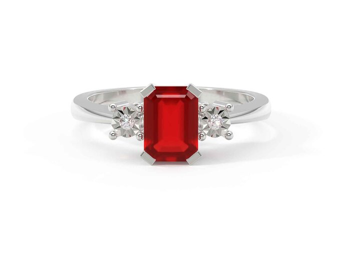 Ein silberner Verlobungsring mit einem roten Stein.  | © Diamonds Factory DE 