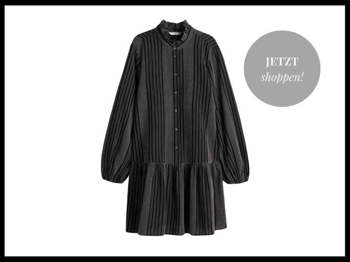 Kleid mit Volantkragen in Schwarz/Weiß gestreift und langen Puffärmeln | © H&M
