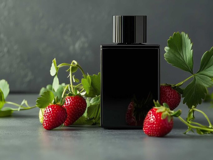 Schwarzer Parfumflakon neben einzelnen Erdbeeren | © Adobe Stock/Mis_TiKa