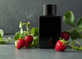 Schwarzer Parfumflakon neben einzelnen Erdbeeren