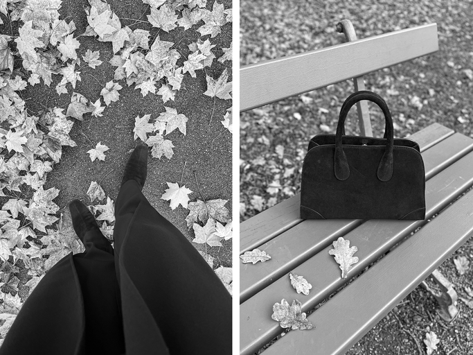 Schwarz-weiße Collage von Boots und einer Tasche aus Wildleder | © Natalie Trüeb