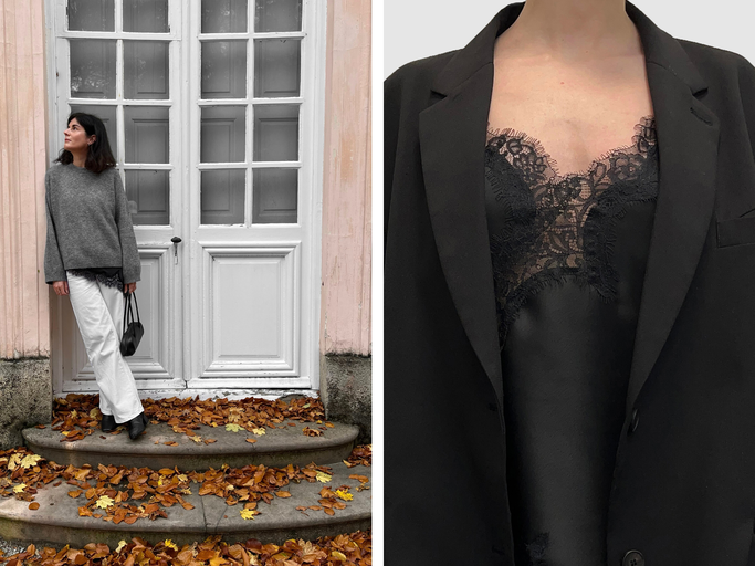Collage von schwarzem Spitzentop unter Pullover und unter Blazer | © Natalie Trüeb