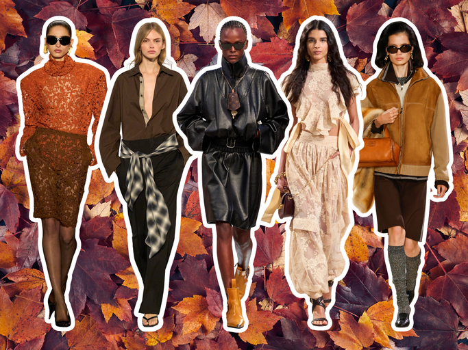 Runway-Looks von Saint Laurent, Kallmeyer, Louis Vuitton, Zimmermann und Miu Miu | © Launchmetrics/Spotlight, AdobeStock/Aleksandra Konoplya, Collage: myself.de