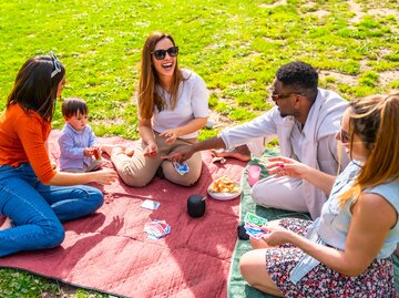 Familie spielt Karten auf Picknickwiese im Sommer | © AdobeStock/unai