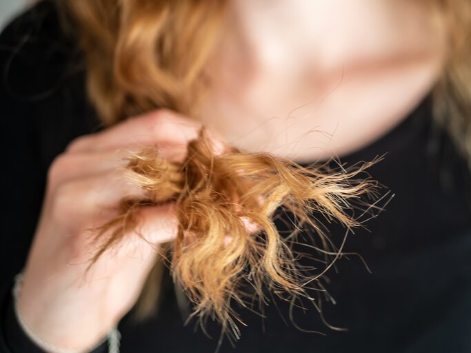 Nahaufnahme von lockigen langen Haaren mit Spliss und Haarbruch | © GettyImages/Sonja Rachbauer