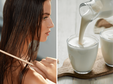 Frau mit nassen Haaren und Buttermilch | © shutterstock / puhhha / Fascinadora