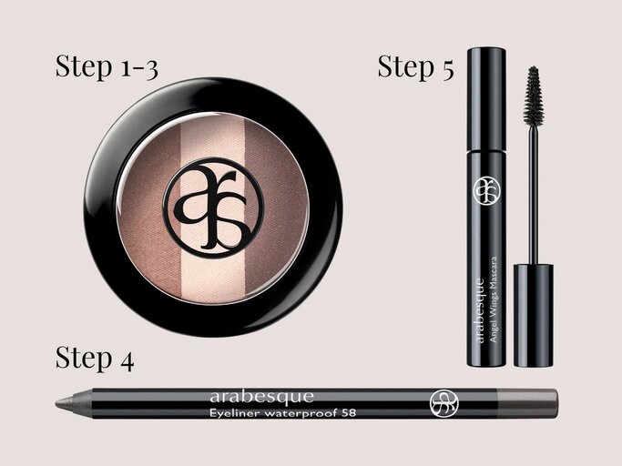 Steps 1-3: arabesque Eyeshadow Trio, Step 4: arabesque Eyeliner waterproof, Step 5: arabesque Angel Wings Mascara | © DR. GRANDEL