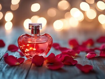 Eine romantische Parfümpräsentation mit Rosenblättern und herzförmigen Dekorationen für den Valentinstag | © Adobestock/Svitlana/Generiert mit KI
