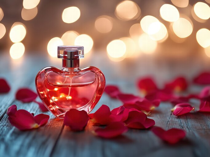 Eine romantische Parfümpräsentation mit Rosenblättern und herzförmigen Dekorationen für den Valentinstag | © Adobestock/Svitlana/Generiert mit KI