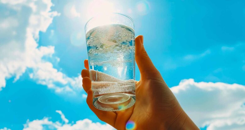 Glas Wasser vor blauem Himmel | © Adobe Stock/Ed/KI generiert