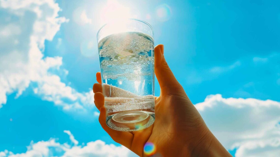 Glas Wasser vor blauem Himmel | © Adobe Stock/Ed/KI generiert