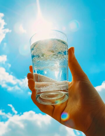 Glas Wasser vor blauem Himmel | © Adobe Stock/Ed/KI generiert