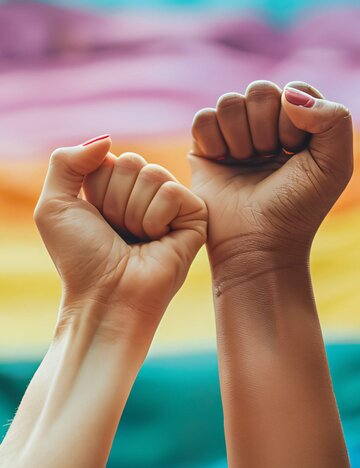Zwei Fäuste vor einen Pride Flagge | © Adobe Stock/Jess rodriguez/KI