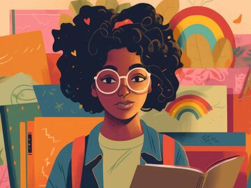 Person mit Buch vor buntem Hintergrund | © Adobe Stock/Ai Art Director/KI