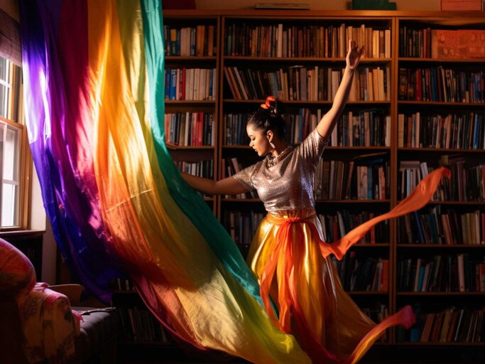 Frau vor einem Buchregal tanzt in Regenbogenkleid | © Midjourney/Maxi Baumgärtner