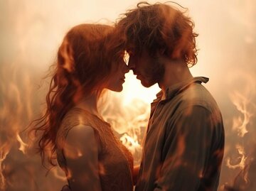 Frau und Mann umgeben von Flammen küssen sich beinahe | © Adobe Stock/iconogenic