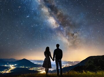 Ein verliebtes Paar steht oberhalb einer Stadt und schaut nachts in den Sternenhimmel. | © Adobe Firefly/Eva Nunberger/KI generiert
