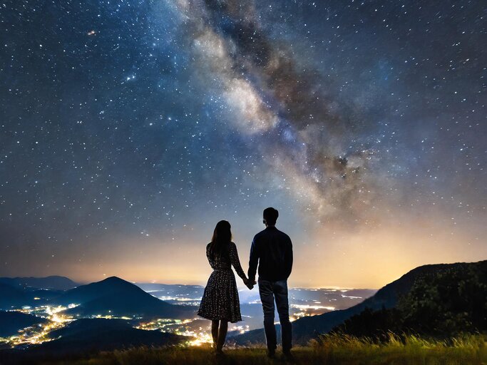 Ein verliebtes Paar steht oberhalb einer Stadt und schaut nachts in den Sternenhimmel. | © Adobe Firefly/Eva Nunberger/KI generiert