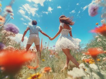 Paar hält Hänchen auf einer Blumenwiese | © Midjourney/Maxi Baumgärtner