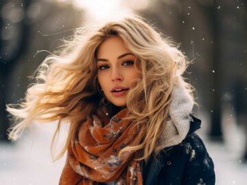 Schöne junge Frau draußen im Schnee | © Adobe Stock/Orkidia/KI generiert