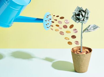 Illustration Gießkanne mit Münzen und Geldpflanze | © Getty Images/Richard Drury
