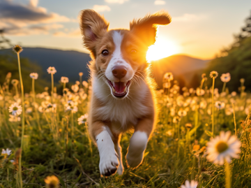Süßer Hund läuft freudig auf Blumenwiese | © Midjourney/Maxi Baumgärtner (Hinweis: Dieses Bild wurde mit Hilfe von KI erstellt)