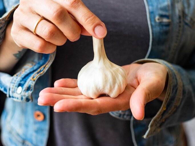 Frau hält einen Knoblauch in der Hand. | © Adobe Stock / Viktor Kochetkov