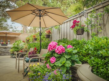 Terrasse mit wunderschönen Pflanzen, Stühlen und Sonnenschirm | © GettyImages/HadelProductions