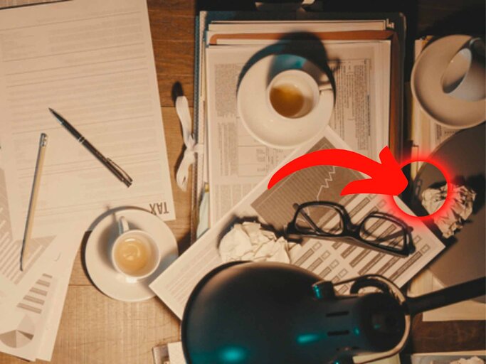 IQ-Test mit Suchbild eines chaotischer Schreibtisch aus der Vogelperspektive mit verschiedenen Gegenständen. Zu sehen sind mehrere Kaffeetassen, viele Papierseiten und zerknüllte Papierkugeln, Brillen, ein offen liegendes Buch, Stifte, ein Textmarker, zwei Blöcke mit Notizen, ein Taschenrechner, und eine Tischlampe, die nach links leuchtet. | © pens.com/de 
