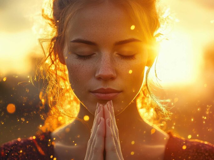 Junge Frau mit Sommersprossen und geschlossenen Augen, in goldenem Sonnenuntergangslicht mit schwebenden Lichtpartikeln. | © Adobe Stock/Business Pics/KI generiert