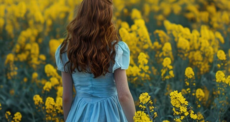 Frau von hinten im blauen Kleid auf gelber Blumenwiese | © Adobe Stock/Ева Поликарпова/KI generiert