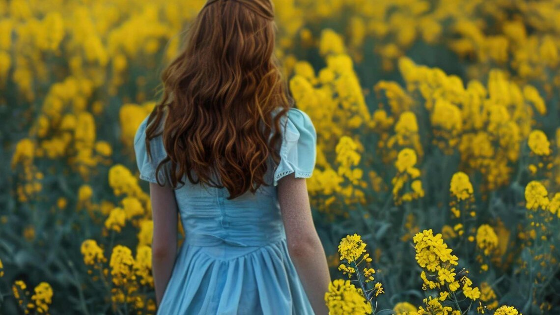 Frau von hinten im blauen Kleid auf gelber Blumenwiese | © Adobe Stock/Ева Поликарпова/KI generiert