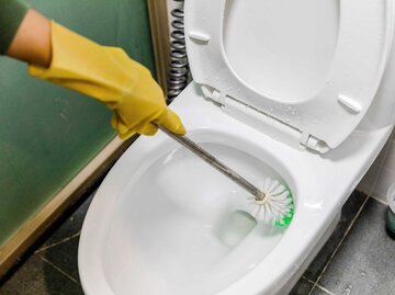 Person mit gelben Gummihandschuhen reinigt mit Klobürste die Toilette. | © Getty Images / Ping Li