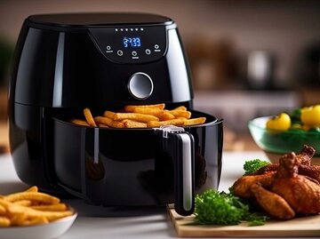 Airfryer steht neben Pommes Frites und einen knusprigen Hähnchen auf dem Tisch. | © Adobe Stock/Faizni Faiz - generiert von KI