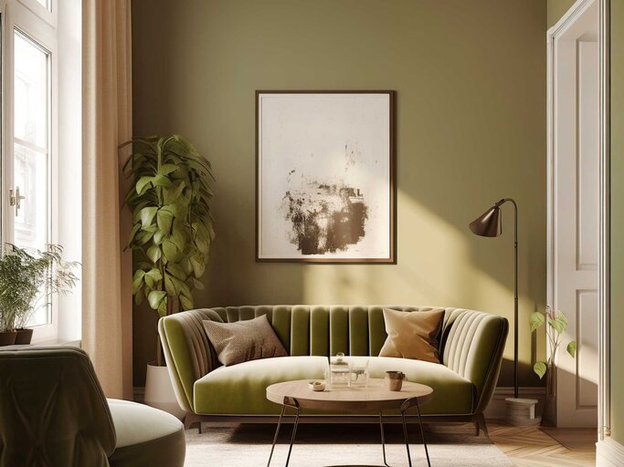 Interior mit olivfarbener Wand im Hintergrund | © Adobe Stock/Vadim Andrushchenko/KI generiert