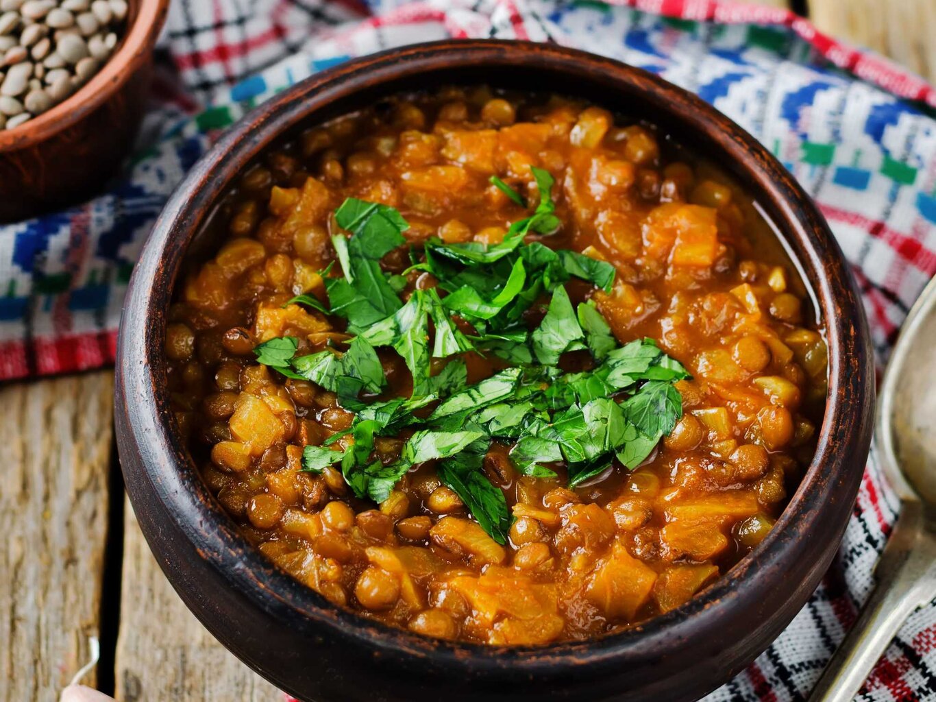 Pflanzlicher Sattmacher: Veganer Linsen-Tomaten-Eintopf