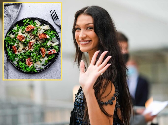 Bella Hadid und Salat | © Getty Images/lacaosa, Edward Berthelot 