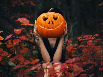 Person mit Halloween-Kürbis vor Kopf | © Getty Images/Maryna Terletska
