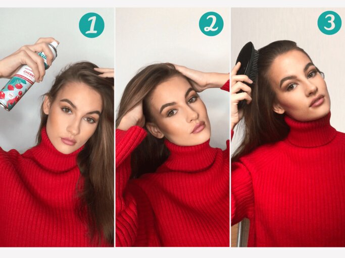 Model sprüht sich Trockenshampoo in die Haare | © Batiste
