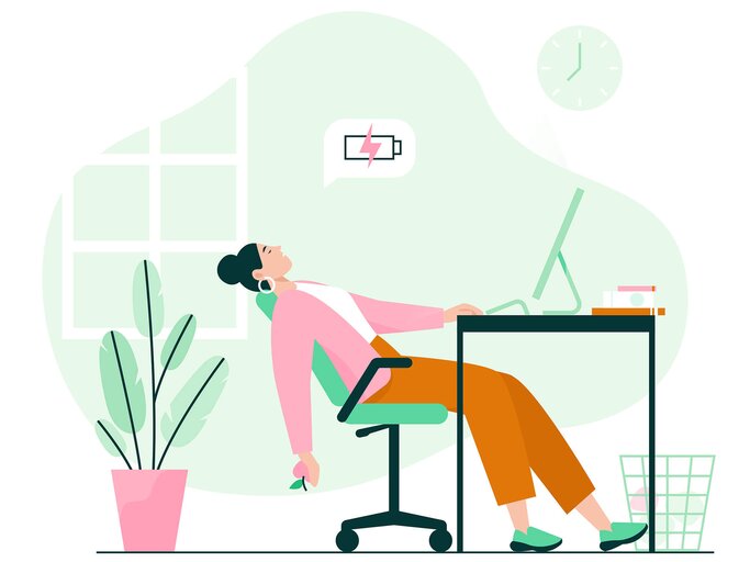 Müde Frau am Arbeitsplatz leidet an Burnout. | © gettyimages.de | holaillustrations