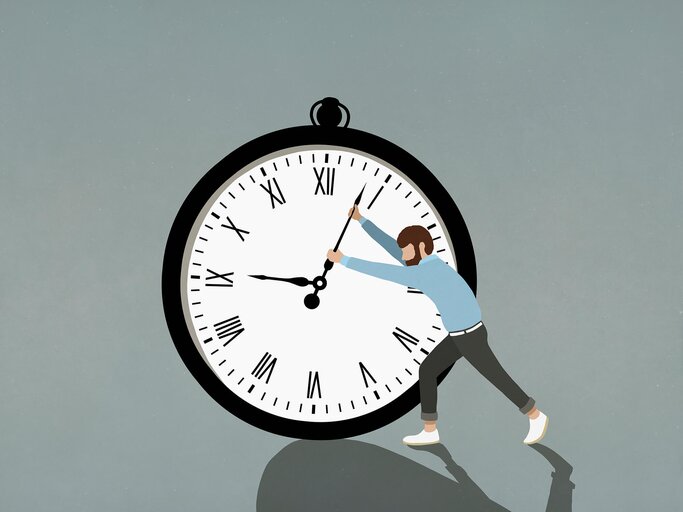 Illustration, in der ein Mann versucht an einer großen Uhr zu drehen. | © gettyimages.de | Malte Mueller