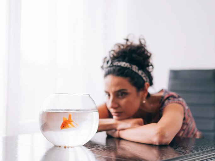 Frau sitzt mit einem Goldfisch im Glas am Tisch | © Getty Images/valentinrussanov