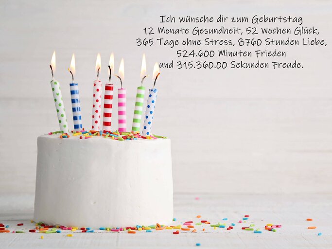 Bunte Geburtstagstorte mit Wünschen zum Geburtstag | © iStock | kirin_photo