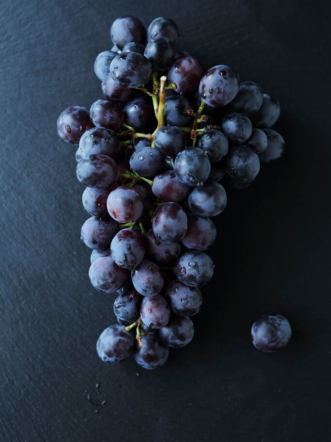 Dunkle Weintrauben auf einem Schiefer-Untergrund | © iStock | Olha_Afanasieva