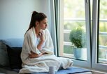 Frau sitzt mit Halsschmerzen auf der Couch und schaut aus dem Fenster. | © gettyimages.de / milanvirijevic