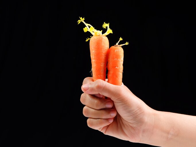 Mensch hält gekeimte Karotte in der Hand | © Getty Images/	Kanur Ismail