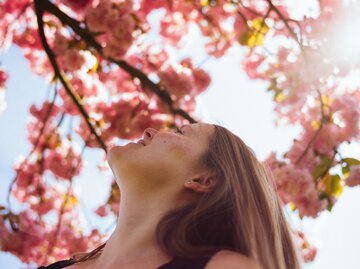Frau blickt nach oben in einen Kirschblütenbaum | © Getty Images/Guido Mieth